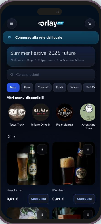 Web app QR Orlay Pay con menu evento, ordine e pagamento